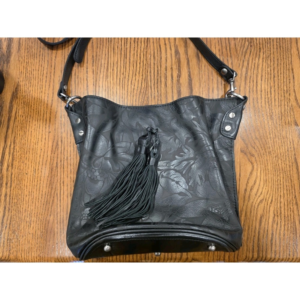 Patricia Nash Black Leather Tassle Crossbody Shoulder Bag Embossed Floral Boho